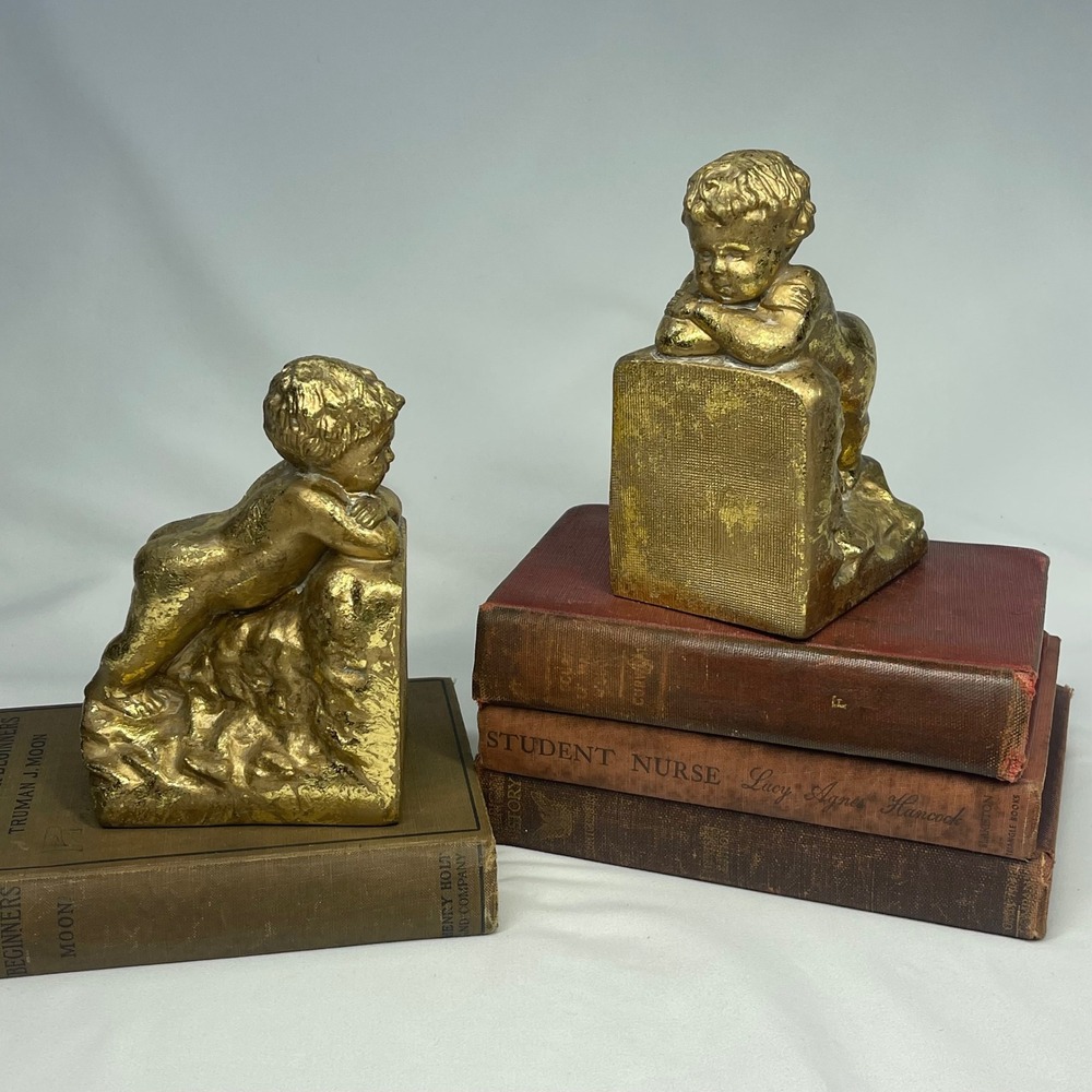 Vintage Gold Cherub Putti Bookends Set of 2 Heavy Cast Resin Made in Korea 6"